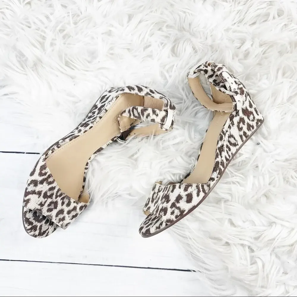 J. Crew Women's Laila Leather Lining Leopard Wedge Ankle Strap‎ Sandals Size 6.5